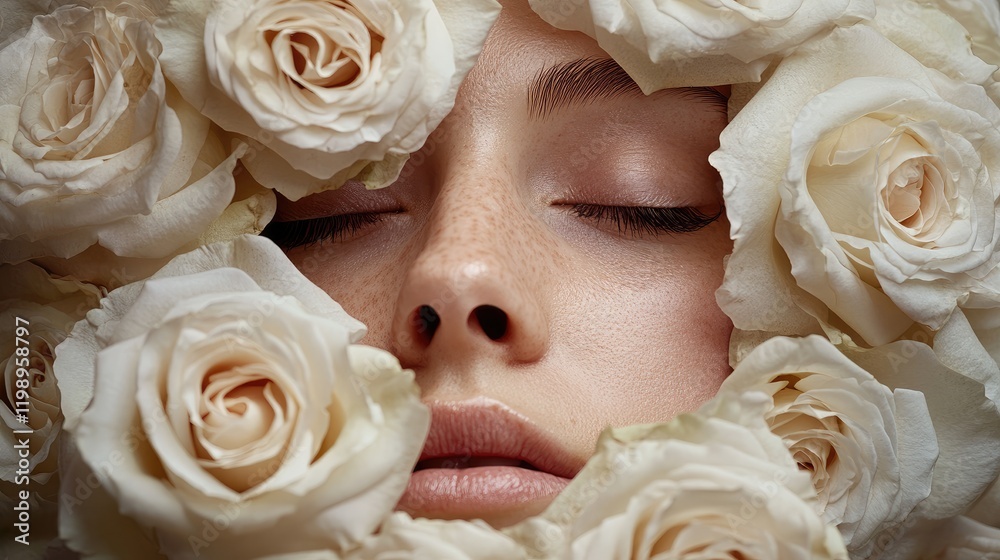 Poster close up of serene human face surrounded by soft white roses with delicate skin texture and ample em