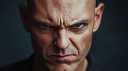 Obraz premium Intense close-up of a bald man with furrowed brows and angry expression, dark background emphasizing strong emotions, ideal for emotional or psychological themes.