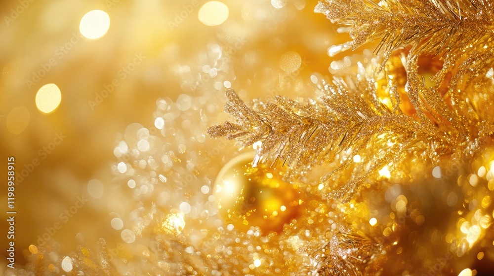 Poster Macro close up of shimmering golden Christmas ornaments and garland on a beautifully decorated tree with blurred golden bokeh background and empty text space