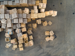 Stacks of euro pallets shot from the air