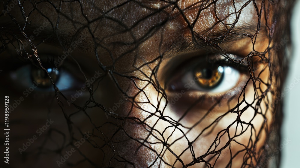Poster close up portrait of individual enveloped in dark metal mesh with striking brown eyes and neutral ba