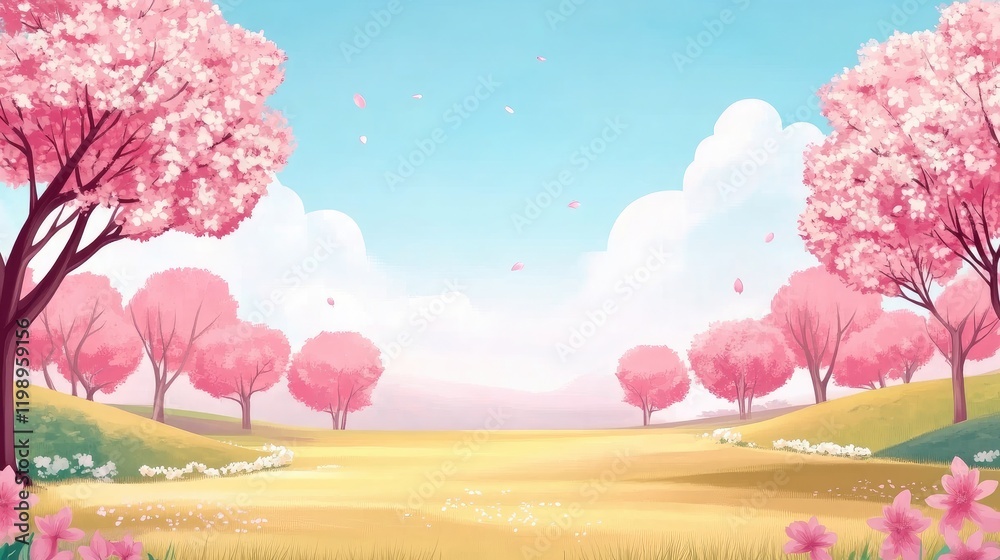 Poster vibrant spring landscape featuring blooming pink trees and a serene blue sky with fluffy clouds, emp