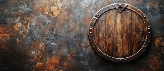Medieval wooden shield mounted against a textured dark brown and rusty wall, featuring space for custom text or branding.