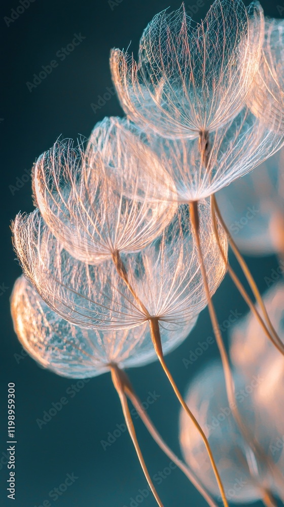 Poster silken dandelion seeds sway gently in the breeze, illuminated by soft morning light. each seed refle
