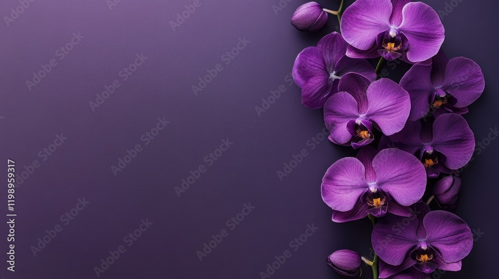 Aufkleber Vibrant close-up of exquisite purple orchids in full bloom on a deep purple background with ample empty space for text and design elements.