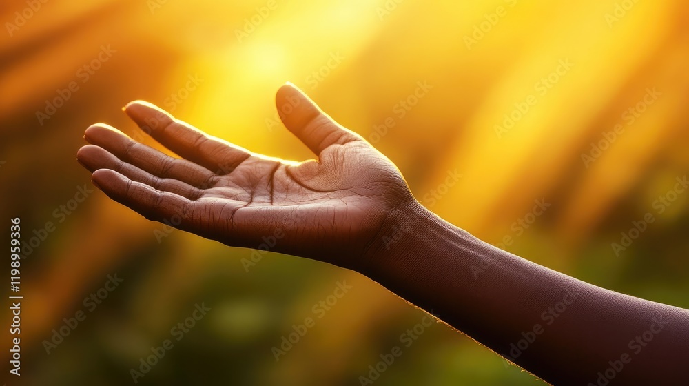 Poster close up of an outstretched hand against a warm golden sunset background symbolizing devotion spirit