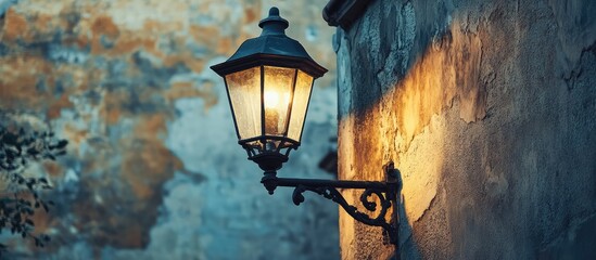 Close up of a vintage metal streetlamp casting warm light against a textured stone wall in soft evening hues in an urban setting