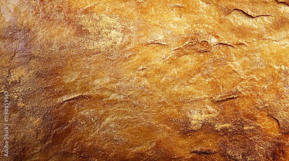 Poster Freshly baked golden brown bread crust texture with warm rustic hues and ample empty space for culinary text or branding.