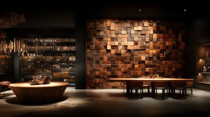 Obraz premium Modern Minimalist Dining Room with Wooden Textures and Warm Lighting