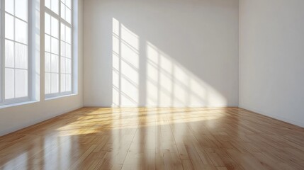 Obraz premium Empty interior room with wooden floor and sunlight casting shadows through large windows Copy Space