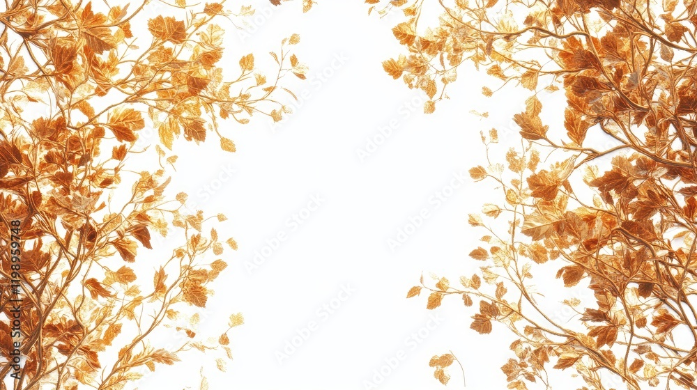 Poster Golden Autumn Leaves Framing White Background with Tree Branches in a Soft Natural Palette Perfect for Text Placement and Design Elements