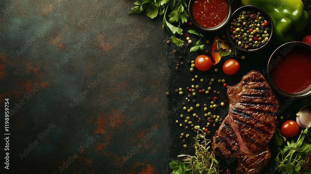 Poster Grilled beef steak with green peppercorns and assorted sauces on dark textured background with empty space for text, top view arrangement