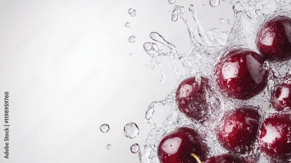 Aufkleber Fresh red cherries submerged in clear water with splashes against a soft gray background offering ample copy space for creative text application.
