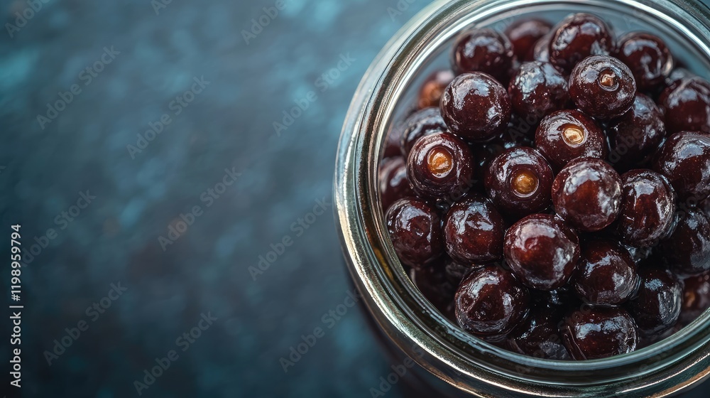 Aufkleber close up of shiny dark purple roasted acai berries in a glass jar on a textured blue background with