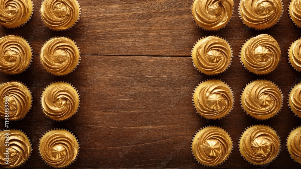 Poster Elegant arrangement of golden frosted cupcakes on a rustic wooden table, featuring ample empty space for personalized text and branding elements.