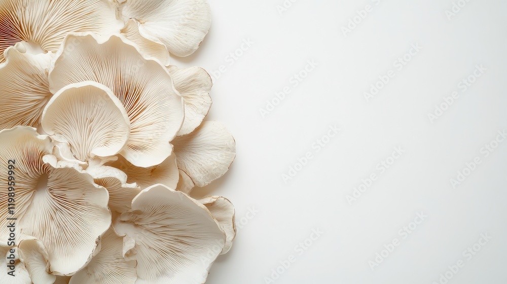 Poster Close up view of fresh oyster mushrooms in soft beige hues arranged on a white background with ample copy space for text placement