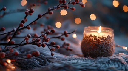 Cozy winter evening scene featuring a lit candle in a decorative glass holder with warm bokeh lights and frosted berry branches in muted blue tones.