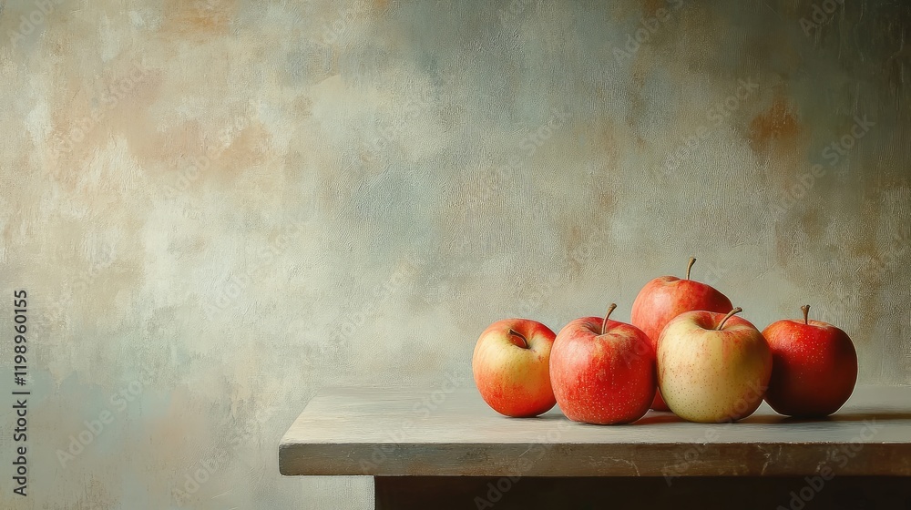 Poster Close up still life of red and yellow apples on a wooden table against a textured beige background with empty space for text