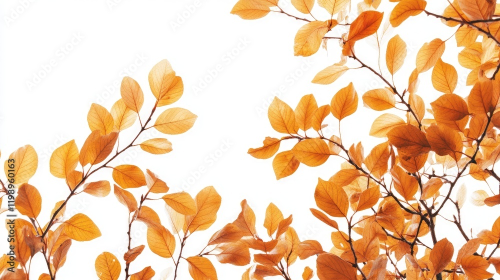 Aufkleber Golden Autumn Leaves and Branches Framing White Background with Empty Space for Text in Soft Warm Tones and Delicate Natural Elements