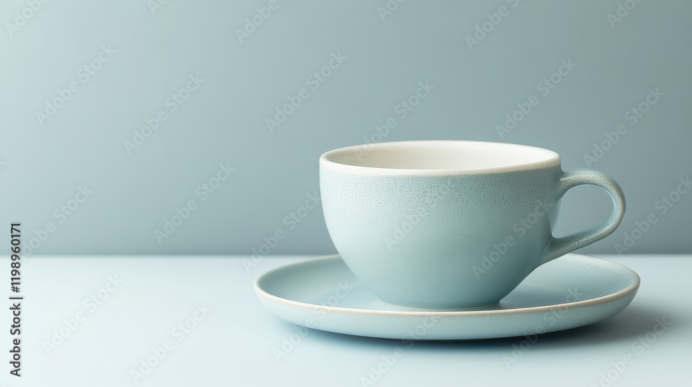 Aufkleber close up shot of pastel blue coffee cup and saucer on a light blue background with empty space for t