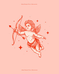 Obraz premium Cute Cupid with love arrow and bow. Beautiful Amur in engraving style. God of love and romance. Mythological antique character on a pink background.