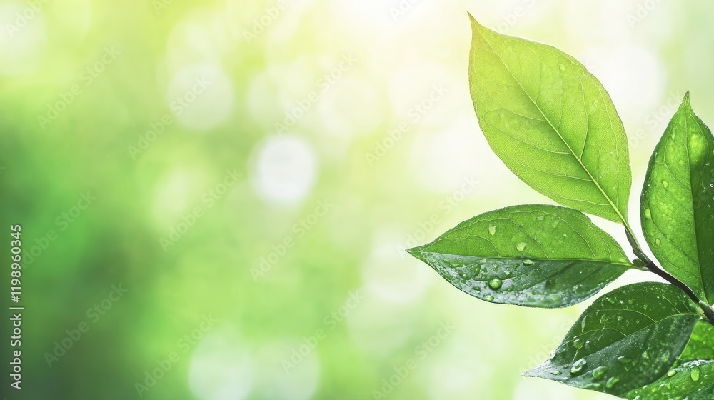 Poster close up of vibrant green leaves with water droplets on a blurred green background natural ecology c