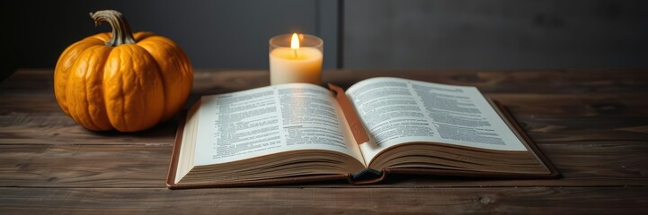 Fototapeta premium A pumpkin sits on a wooden table beside a lit candle and an open book with a bookmark in the center, seasonal themes, rustic accents