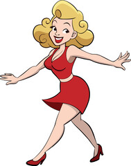 Smiling blonde woman walking wearing red dress and high heels