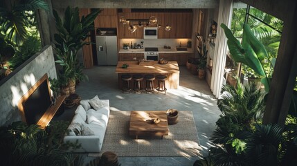 Obraz premium Modern Tropical Kitchen and Living Room Surrounded by Greenery
