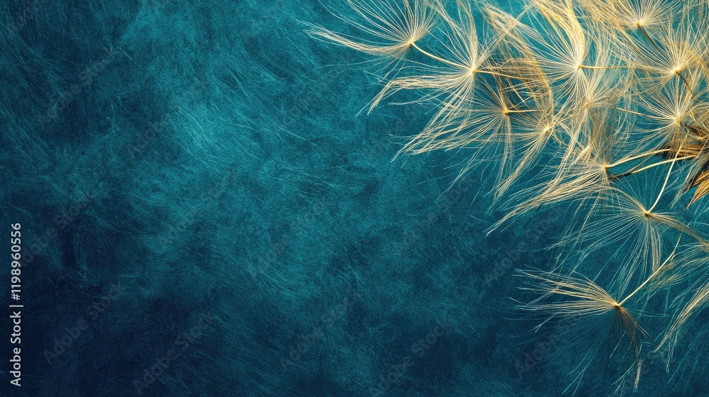 Poster Golden dandelion seeds delicately illuminated against a textured teal blue background with ample empty space for creative text placement