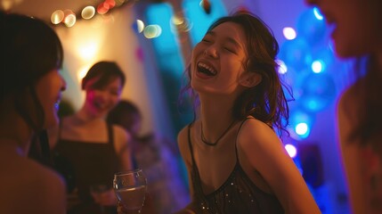 Woman in evening dress joyfully dancing with friends under soft lights