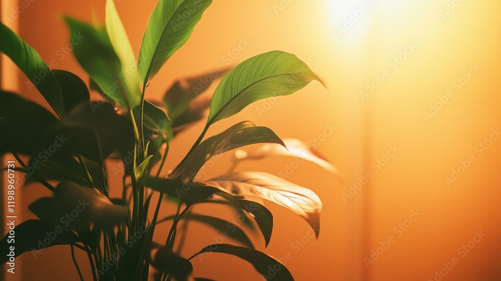 Poster lush green indoor plant with vibrant leaves in warm diffused light at low angle showcasing soft back