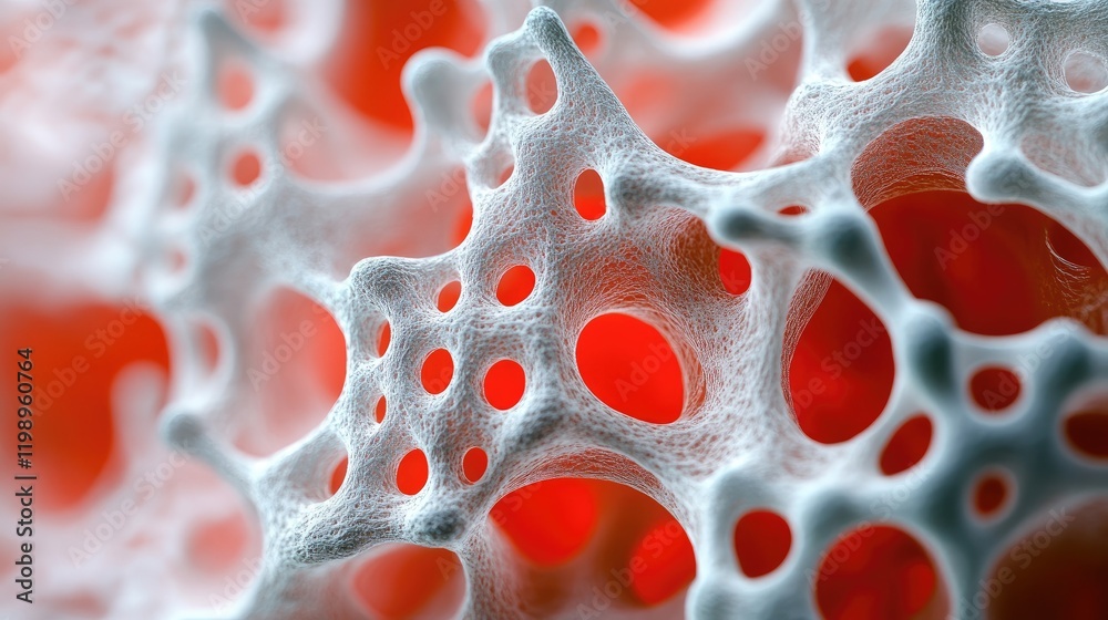 Poster abstract close-up image of porous white structure against vibrant red background showcasing intricat