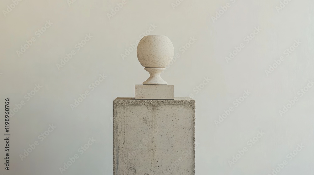 Poster minimalist concrete pedestal displaying an elegant round sculpture on a neutral background with ampl