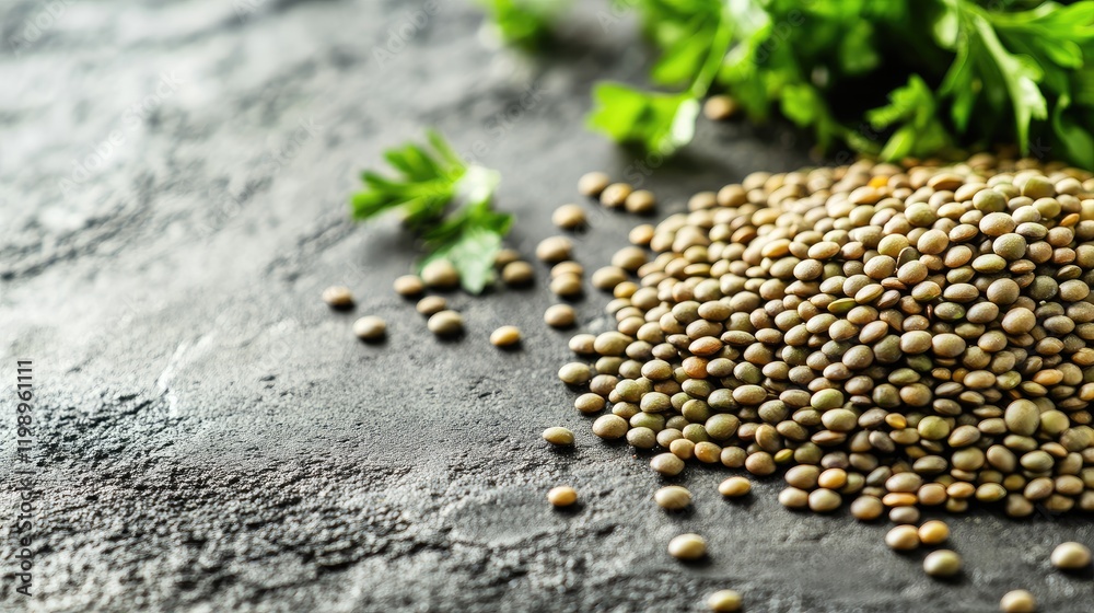 Poster Close up view of green lentils scattered on dark textured surface with fresh parsley leaves for healthy food concept and empty space for text