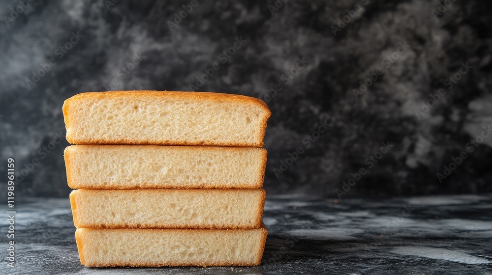 Aufkleber Close up of Stack of Freshly Baked Golden Bread Loaves on Dark Marble Kitchen Counter with Empty Space for Text and Subtle Gray Background