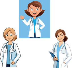 Smiling female doctors waving and holding medical chart