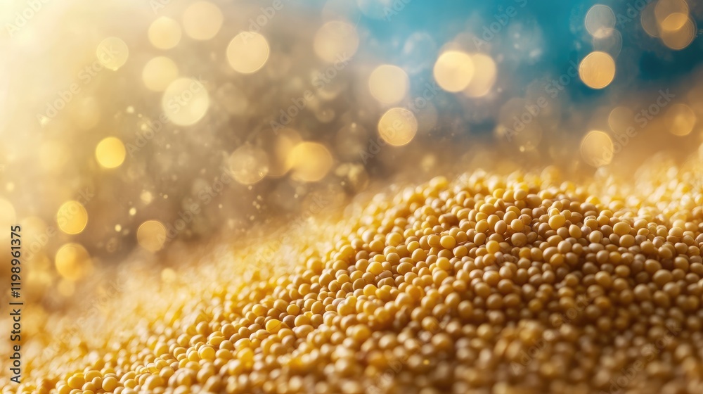 Aufkleber Close up of shiny golden mustard seeds on a soft blurred background with vibrant blue and golden bokeh lights offering ample copy space for text