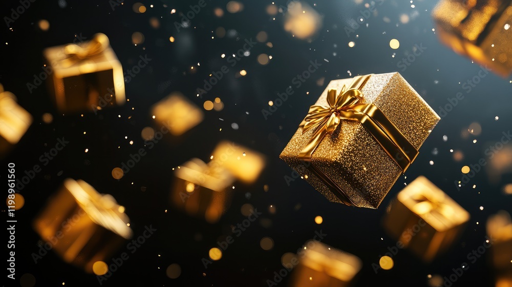 Aufkleber Golden festive gift boxes gracefully floating against a dark minimalistic background with shimmering particles creating a magical holiday atmosphere and ample space for text.