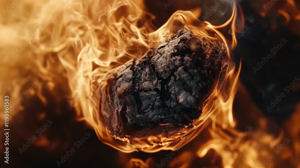 Aufkleber Burning cigarette close-up with swirling orange flames and smoke against black background with empty copy space for text and visual impact