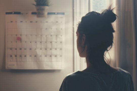 Woman planning and organizing schedule with calendar on well-lit wall.