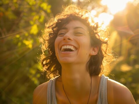 Joyful woman laughing with tears of happiness in natural light