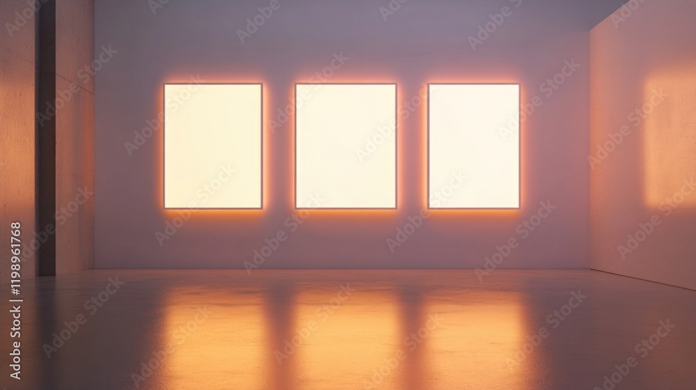 Poster minimalist gallery interior with three empty frames illuminated by soft light on a polished floor wi