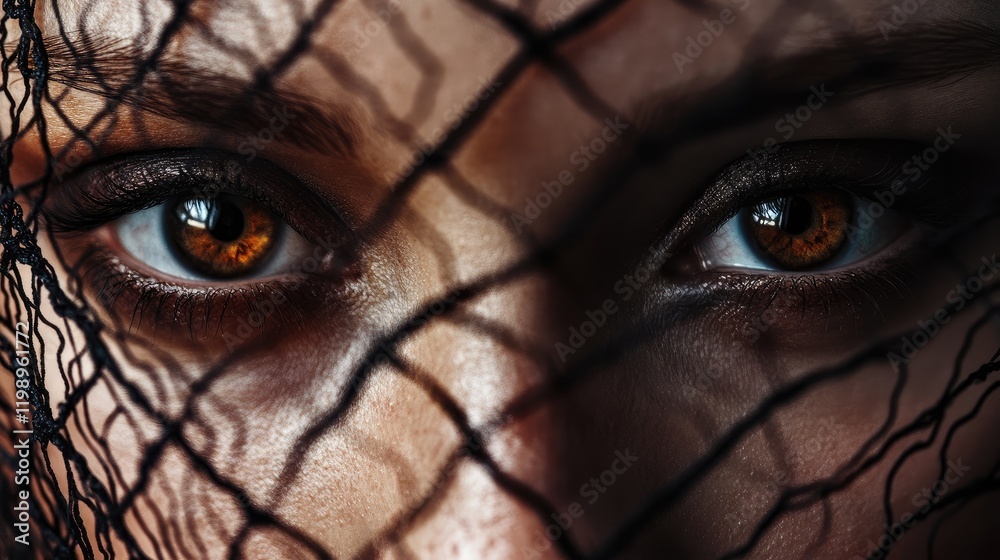 Poster close up portrait of person with brown and blue eyes covered in intricate black metal mesh wire on n