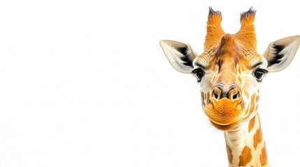 Cute giraffe close-up portrait against bright white background with empty copy space for text showcasing animal features and vivid colors.