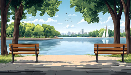 Obraz premium Park lake benches city view summer serenity