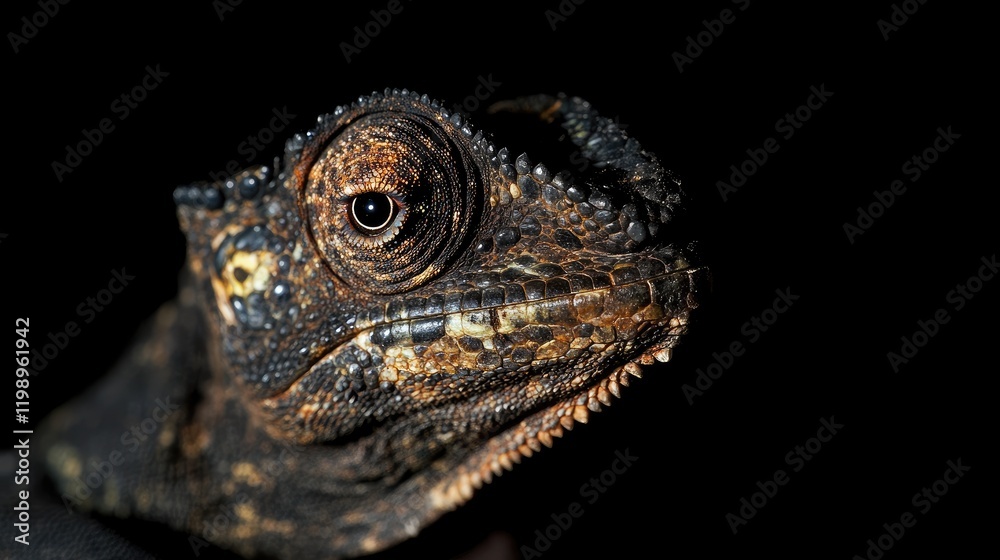 Aufkleber Detailed close-up portrait of a chameleon with textured dark skin and intricate patterns, against a black background, with ample empty space for text.