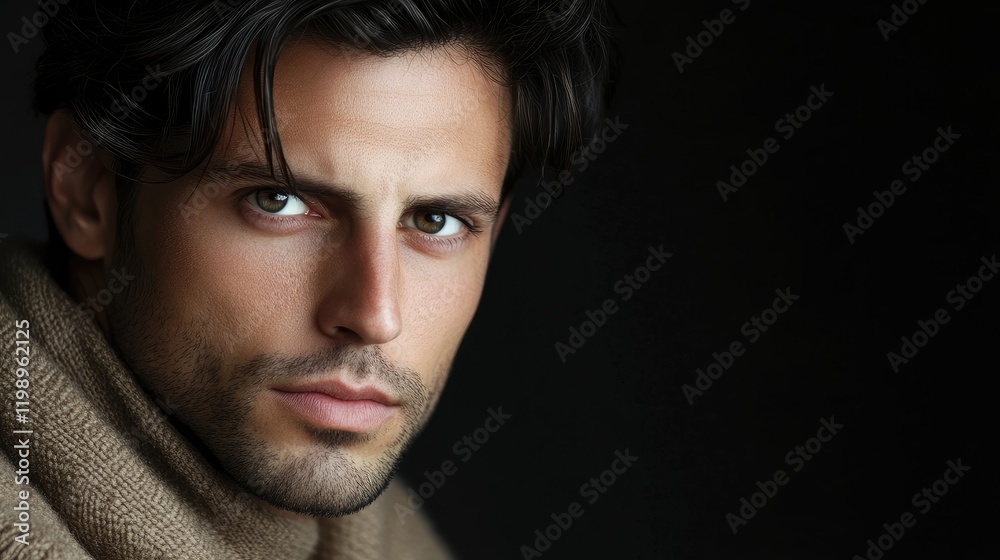 Poster Close-up portrait of a dark-haired man with a brooding expression against a dark backdrop, ideal for text overlay, featuring warm earthy tones.