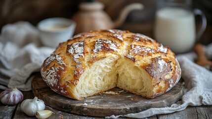 Freshly Baked Rustic Bread with Ingredients on Wooden Table