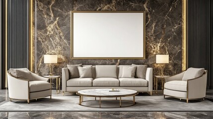 Elegant Living Room with White Sofa and Elegant Marble Details